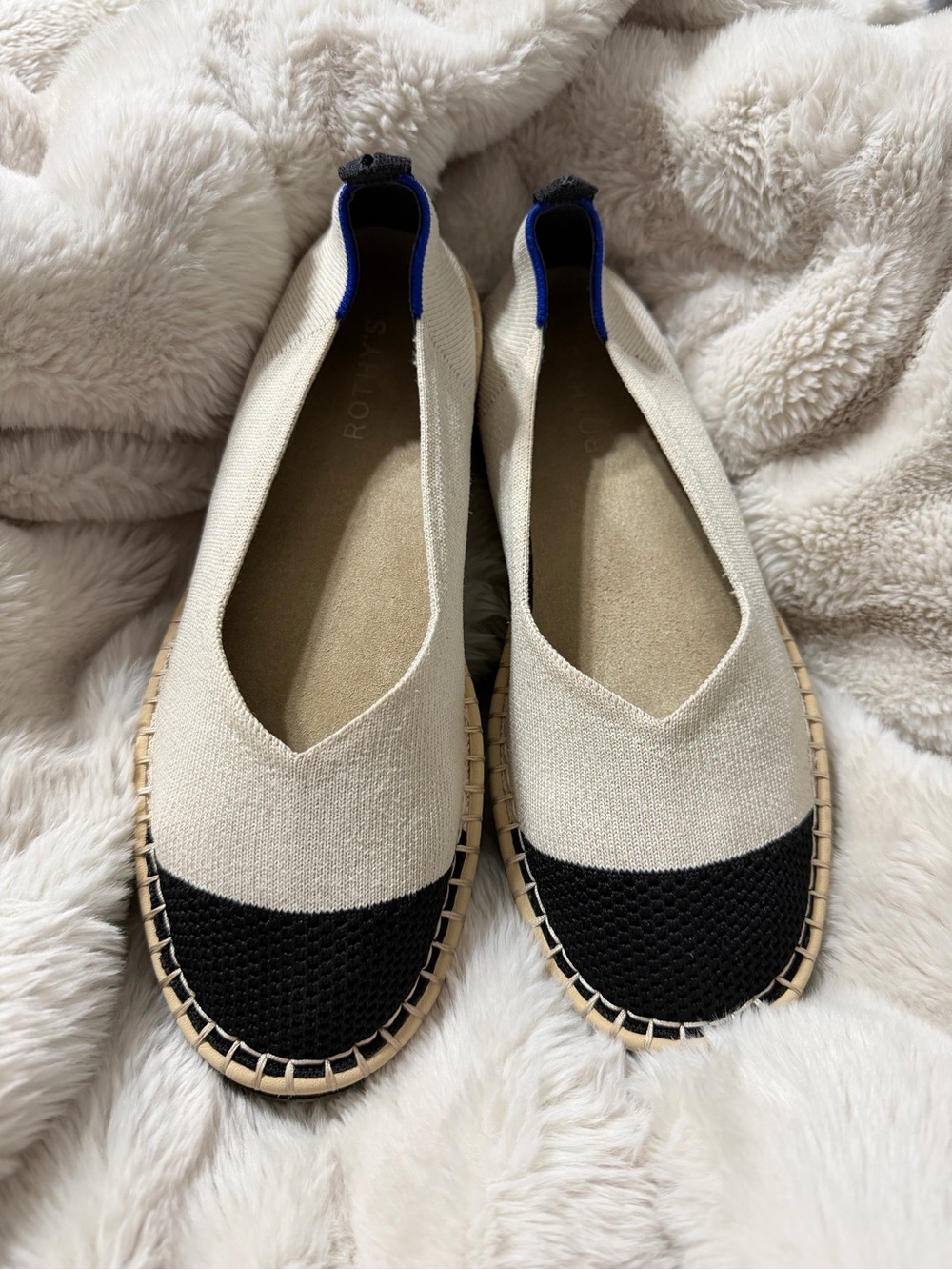 Rothys The Espadrille Ivory Black Cap Toe Knit Slip On Flats Womens 10.5